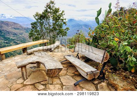 Rustic Wooden Bench With View Of Chicamocha Canyon In Mesa De Los Santos, Colombia