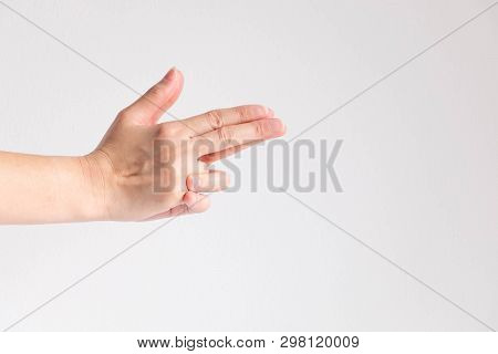 Two Hand Posturing To Be Shotgun Point To The Target On White Background; Concept Of Got The Aim.