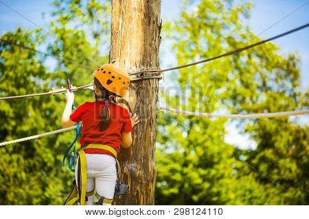 Little Brave Caucasian Girl Treerunner Fasten The Rollclip Before Climbing
