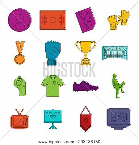 Soccer Football Icons Set. Doodle Illustration Of Icons Isolated On White Background For Any Web Des