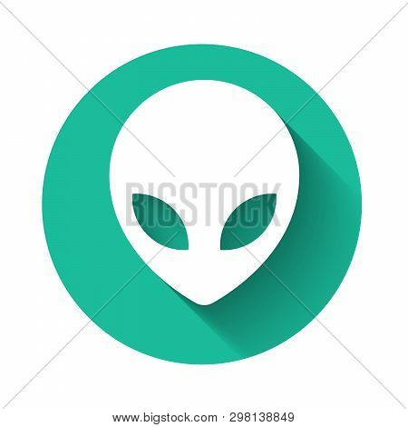 White Alien Icon Isolated With Long Shadow. Extraterrestrial Alien Face Or Head Symbol. Green Circle