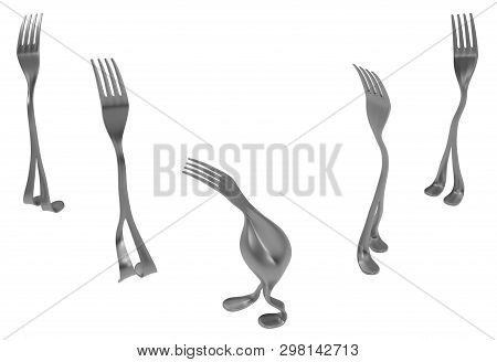 Fork Metal With Legs, Fat One, 3d Illustration, Horizontal, Isolated, Over White
