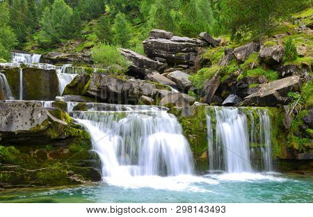 Waterfall in Ordesa and Monte Perdido National Park. Pyrenees mountain. Province of Huesca, Spain.