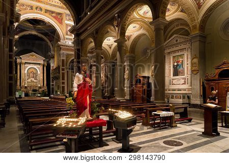 Rome - Apr 14, 2019: Inside The Church Of Sacro Cuore Di Gesu In Rome, Italy. Ornate Interior Of The