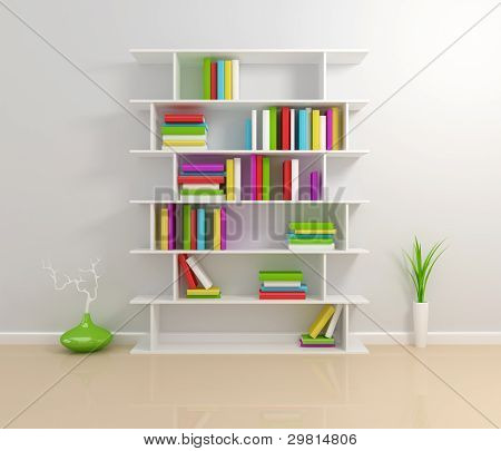 Beyaz bookshelf bir renkli Kitaplar.