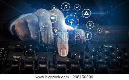 Business woman woman typing on keyboard with application icons around