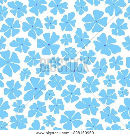 Seamless Repeat Pattern Of Stylized Blue Flowers On A White Backgrounds. A Pretty Tossed Vector Patt