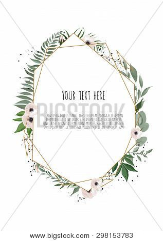 Floral Wreath With Green Eucalyptus Leaves, Flower Rose, Anemone . Frame Border With Copy Space