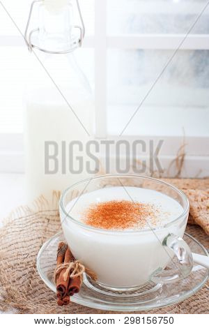 Homemade Kefir In A Glass Cup With Cinnamon And Sugar, Selective Focus