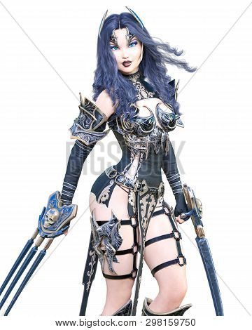 Warrior Amazon Woman Sword And Metal Blade.long Dark Hair.elven Warrior.comic Hero.muscular Athletic