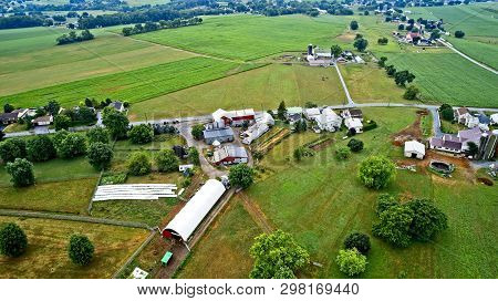 Aerial View Of Amish Farms On A Sunny Summer Day