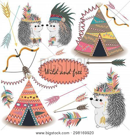 Tribal Collections Set With Teepee Tens, Arrows, Feathers, Tribal Borders, Indian Hedgehog And Feath