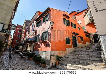 Rovinj, Croatia - May 22, 2018: View On Bright Building Exteriors Of Coastal Town Of Rovinj, Istria,