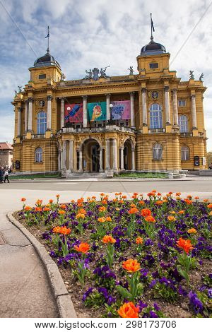 Zagreb, Croatia - April, 2018: The Historical Building Of The  Croatian National Theatre In A Beauti
