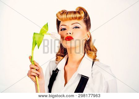 Lipstick. Kiss. Imprint Of Lipstick On The Flower. Woman Holding A Tulip. Oral Caress. Art Blowjob. 