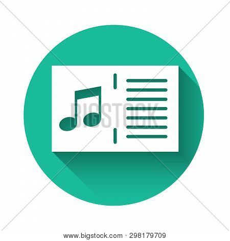 White Music Book With Note Icon Isolated With Long Shadow. Music Sheet With Note Stave. Notebook For
