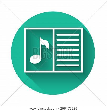 White Music Book With Note Icon Isolated With Long Shadow. Music Sheet With Note Stave. Notebook For