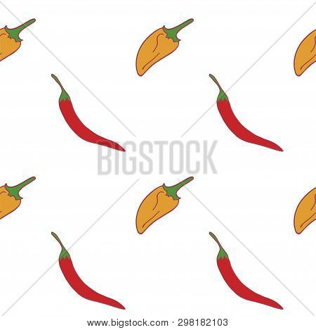 Peppers Seamless Pattern For Wallpaper Design.two Kid Of Pepper. Fresh Ripe Color Food. Organic Heal