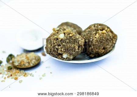 Close Up Of Popular Indian & Asian Sweet Dish I.e. Malida Or Churma Na Ladu Or Moti Chur Na Ladu In