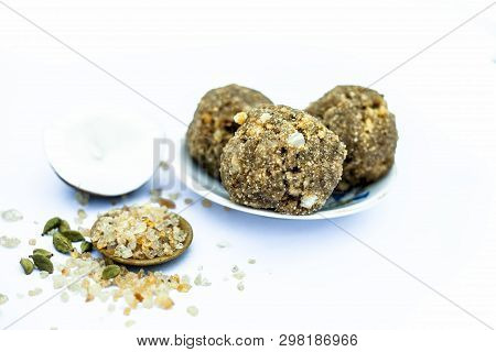 Close Up Of Popular Indian & Asian Sweet Dish I.e. Malida Or Churma Na Ladu Or Moti Chur Na Ladu In