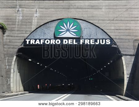Frejus, Italy - August 15, 2018: Long Road Tunnel In The Border Between France And Italy Called Traf