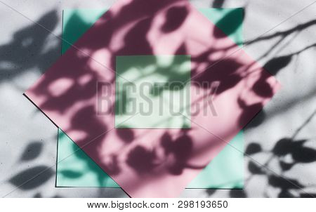Green, Pink Empty Card, Sheet For Writing. Layout For Adding Labels. Natural Hard Light, Deep Shadow