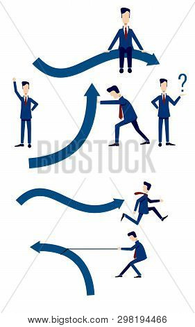 Businessmen In Blue Business Suits Are Pulling, Pushing, Sitting, Running Away From The Arrows Of Th