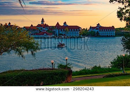 Orlando, Florida. April 23, 2019. Beautiful View Of Grand Floridian Resort & Spa And Taxi Boat On Bl