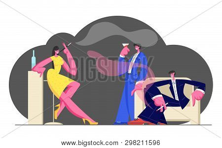 Young People Spend Time In Night Club Relaxing And Enjoying Nightlife, Smoking Cigarettes, Drinking 