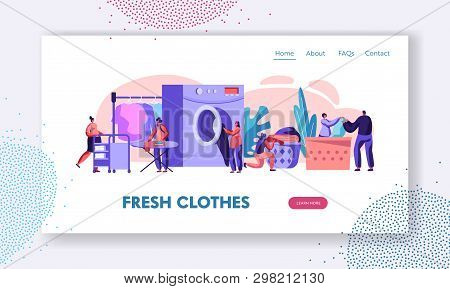 Male And Female Characters Visiting Laundry Loading Clothes To Wash Machine, Ironing, Rolling Cart I