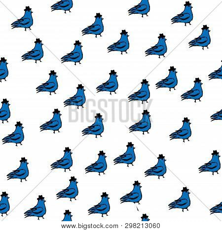 Spring Birds Illustration, Seamless, Pattern Dove With Cylinder. Funny Style. Vector Illustration.