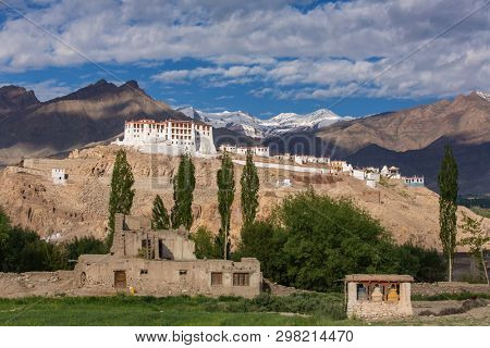 Stakna gompa temple buddhist monastery with Himalaya mountains at background in Ladakh, Jammu and Kashmir, India.