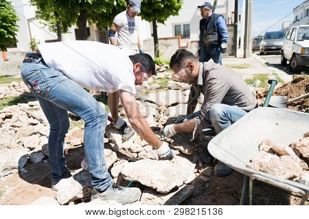 Maruggio, Italy - April 28, 2019 - Construction Of A Low Wall - Old Traditional Apulian Architectura
