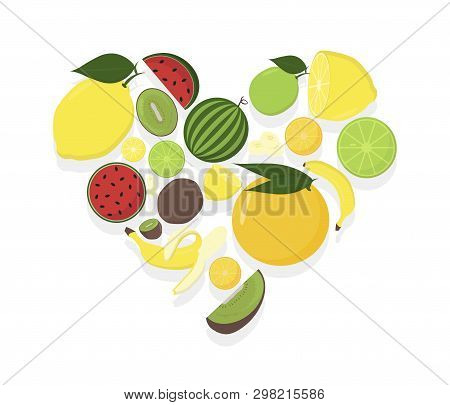 Fruit In Heart. Summer Set Of Fruits. Vector Illustration