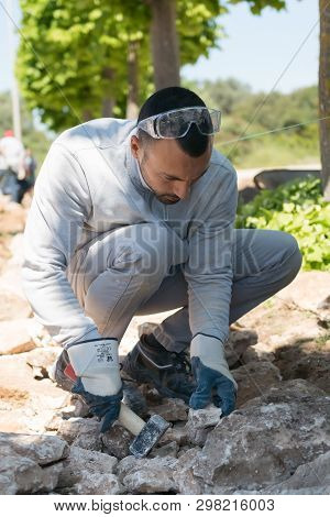 Maruggio, Italy - April 28, 2019 - Construction Of A Low Wall - Old Traditional Apulian Architectura
