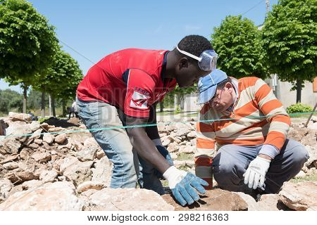Maruggio, Italy - April 28, 2019 - Construction Of A Low Wall - Old Traditional Apulian Architectura