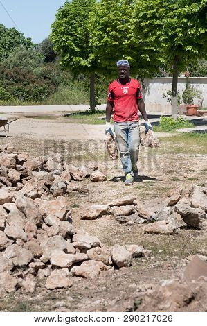 Maruggio, Italy - April 28, 2019 - Construction Of A Low Wall - Old Traditional Apulian Architectura