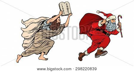 Moses And Santa Claus. Dispute Old And New. Tradition Versus Secular. Pop Art Retro Vector Illustrat
