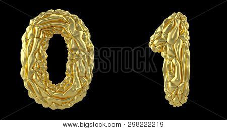 Number set 0, 1 made of crumpled foil. Collection symbols of crumpled gold foil isolated on black background. 3d rendering