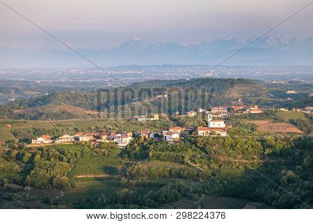Small Village Vedrijan On Sunrise Between The Vineyards In The Wine Region Brda In Slovenia Near Bor