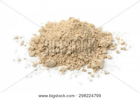 Heap og ground dried kencur powder isolated on white background