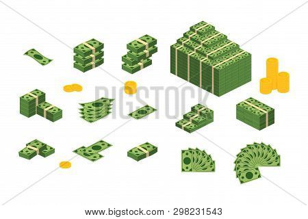 Various Money Bills Dollar Cash Paper Bank Notes Vector Set. Money Cash Heap. Vector Stock Illustrat
