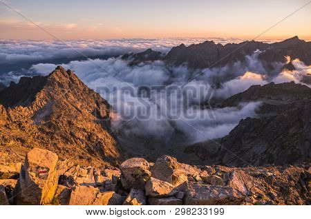 Mountains Landscape With Inversion In The Valley At Sunset As Seen From Rysy Peak In High Tatras, Sl