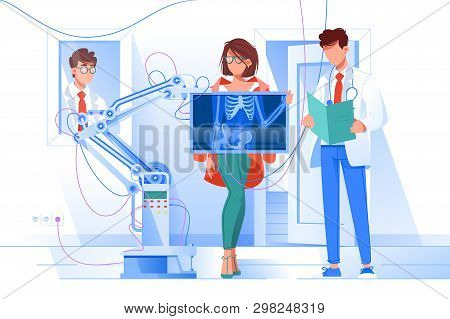 Flat Young Woman With Stylish Clothes And Glasses At Man Doctor With X-ray. Concept Patien And Emplo