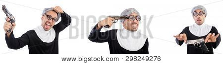 Man in nun dress with handgun 