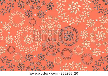 Vector Seamless Pattern Of Round Ornaments With White And Gray Leaves. Isolated Elements On Coral Ba