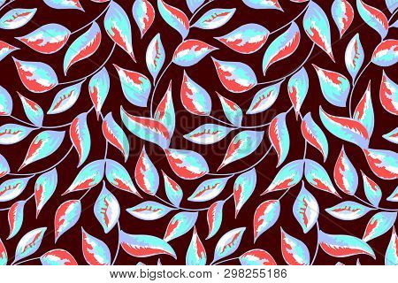 Art Floral Vector Seamless Pattern. Blue, Red, White Leaves On A Deep Brown Background. For Fabric, 