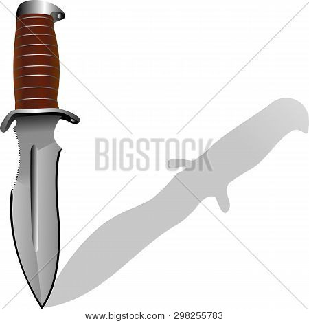 Combat Knife With Brown Grip And Shadow On White Background.