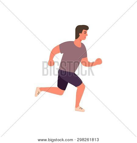 Runner Athlete In Motion. Athlete Sprinter Guy On Workout. Flat Cartoon Man Running. Vector Illustra