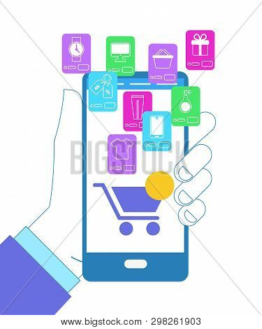 Hand Holding Smartphone With Shopcart And Different Mobile Application Icons For Online Shopping On 